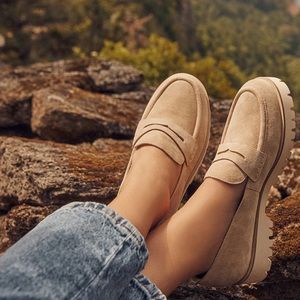 Andre Assous Tan Suede Lug Sole Penny Loafers